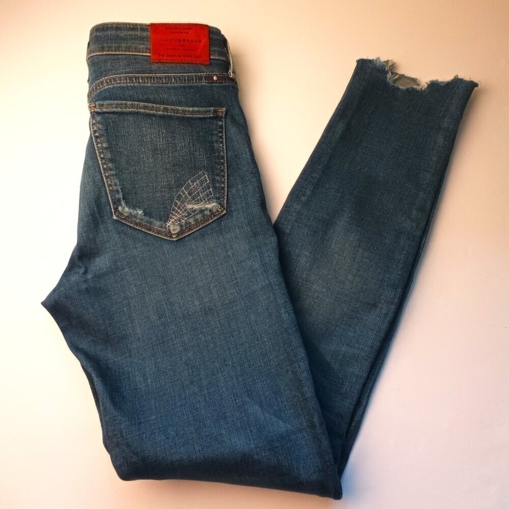 Lucky Brand Womens Ava Skinny Distressed Patched Ankle Jeans Size 0/25 Blue